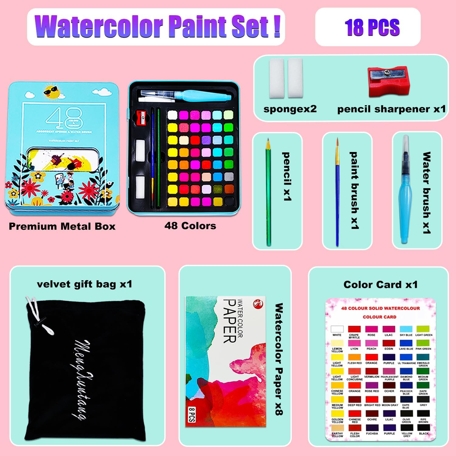 Juego De Acuarela 48 Colores En Caja Portátil