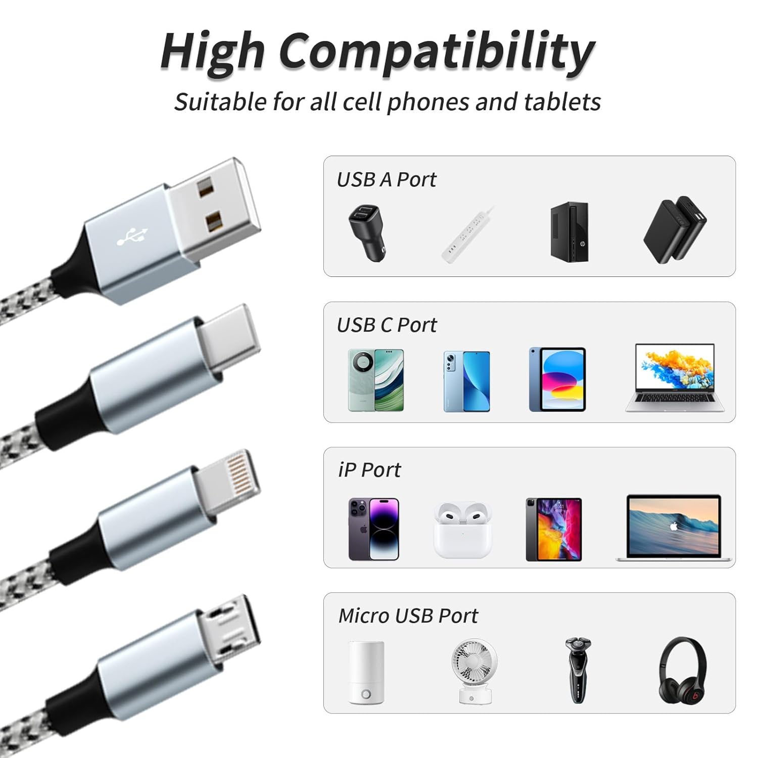 Cables De Carga Múltiple 3 En 1 Nailon Trenzado
