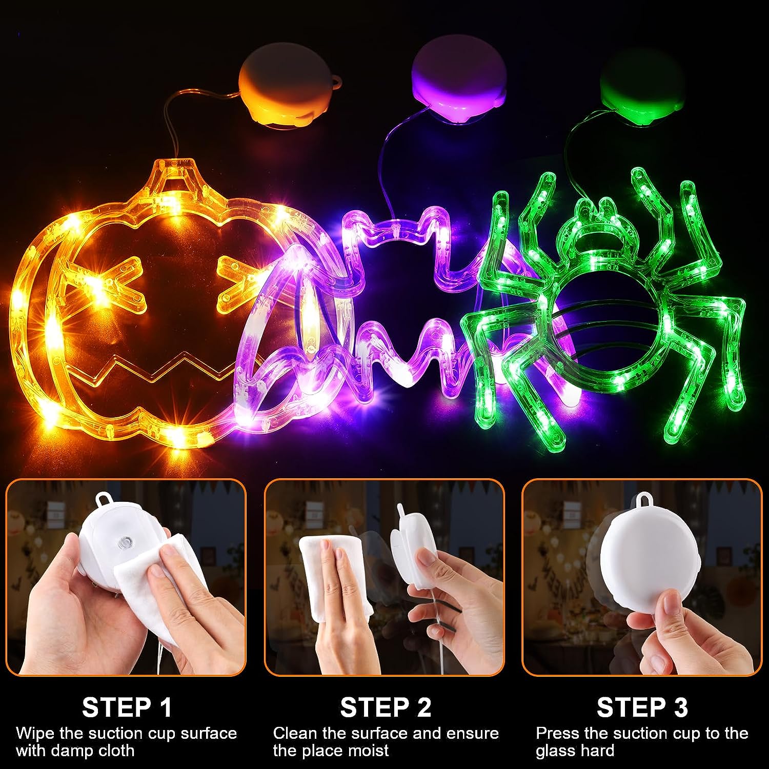 Halloween Deco Pack 3 Luces A Pilas Con Ventosa