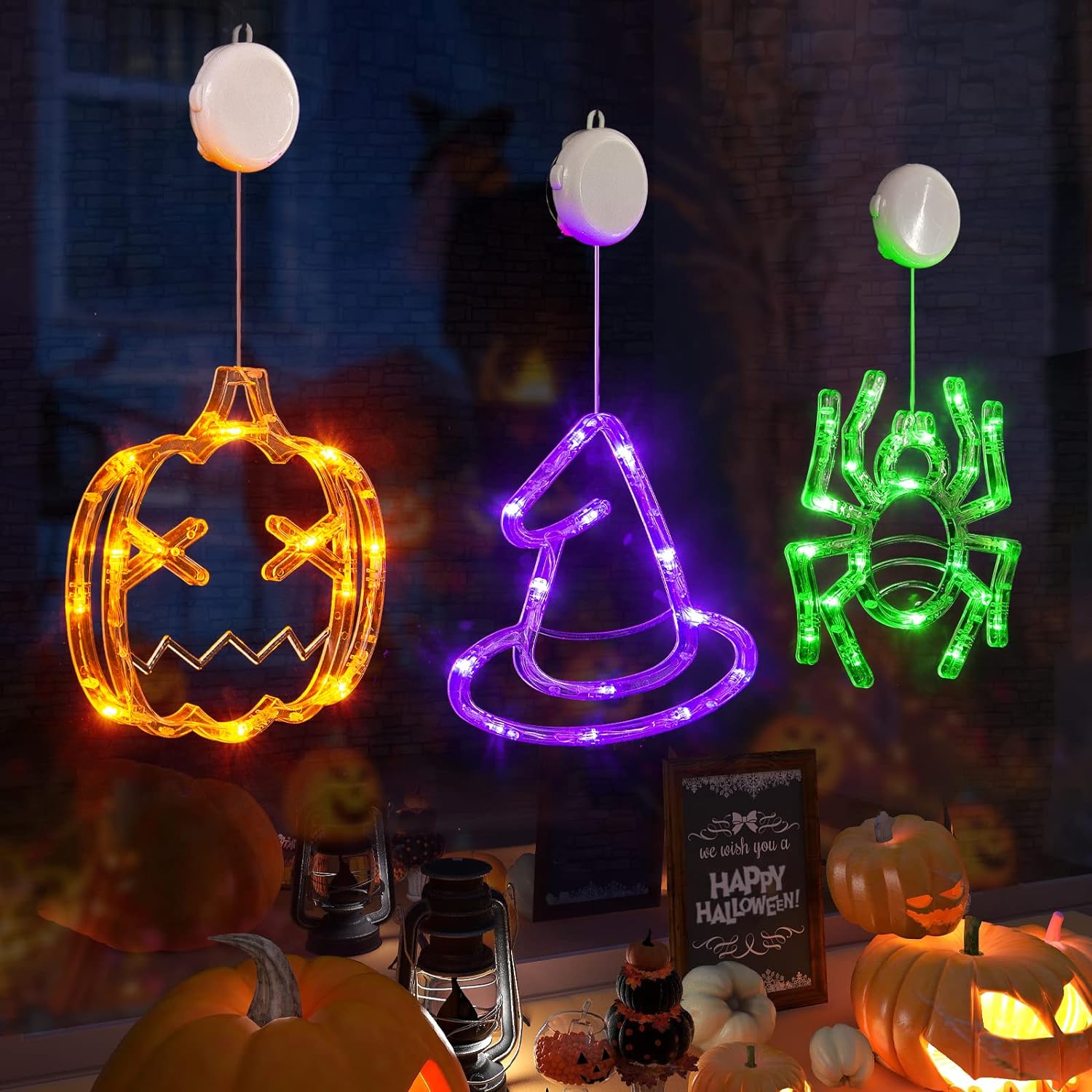 Halloween Deco Pack 3 Luces A Pilas Con Ventosa