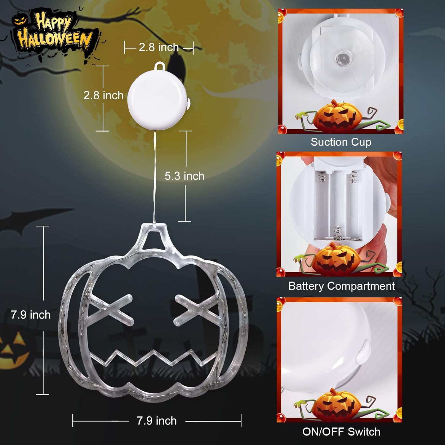 Halloween Deco Pack 3 Luces A Pilas Con Ventosa