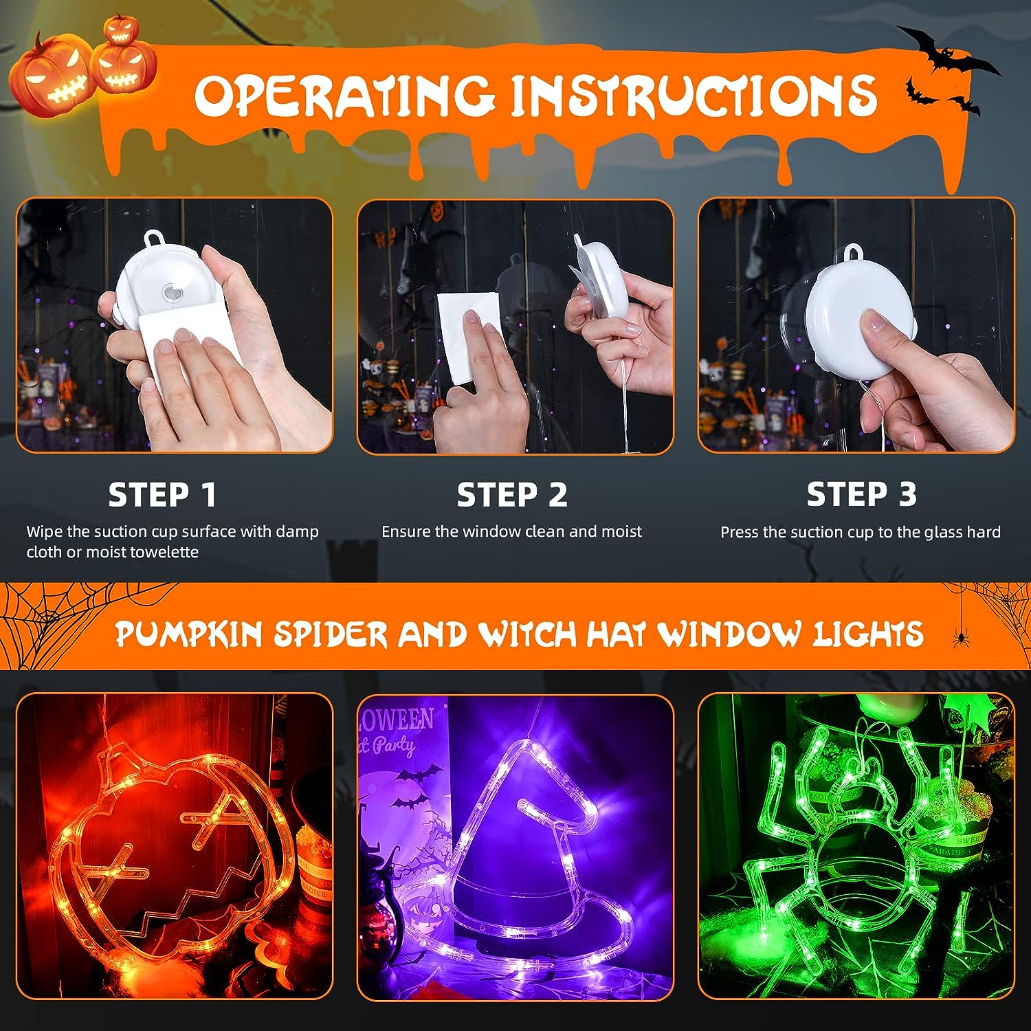 Halloween Deco Pack 3 Luces A Pilas Con Ventosa