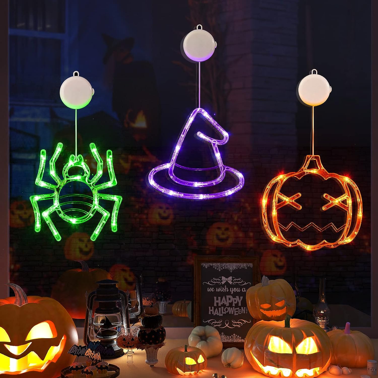 Halloween Deco Pack 3 Luces A Pilas Con Ventosa