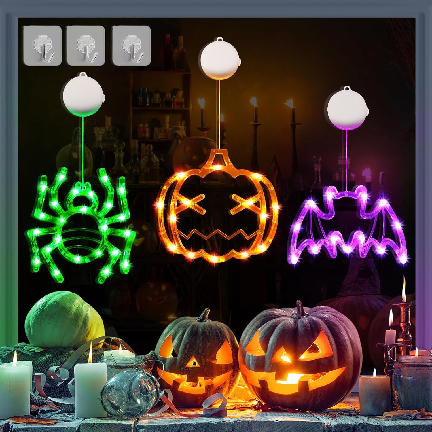 Halloween Deco Pack 3 Luces A Pilas Con Ventosa