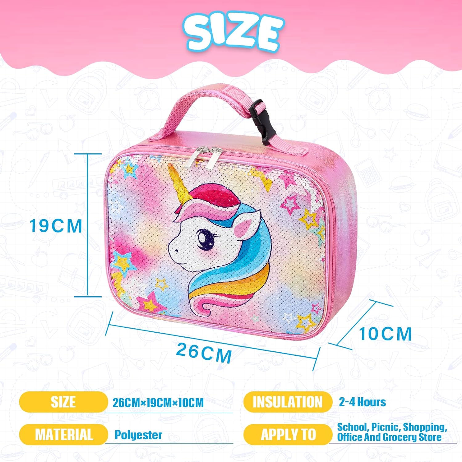 Lunchera Infantil De Unicornio Lentejuelas