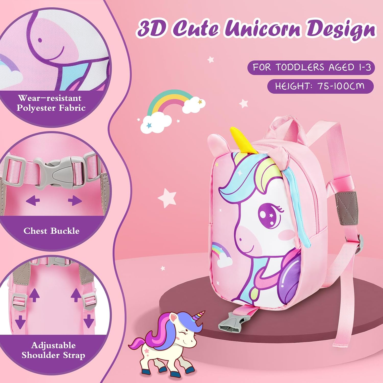 Mochila Infantil Con Correa Unicornio 1 a 3 Años