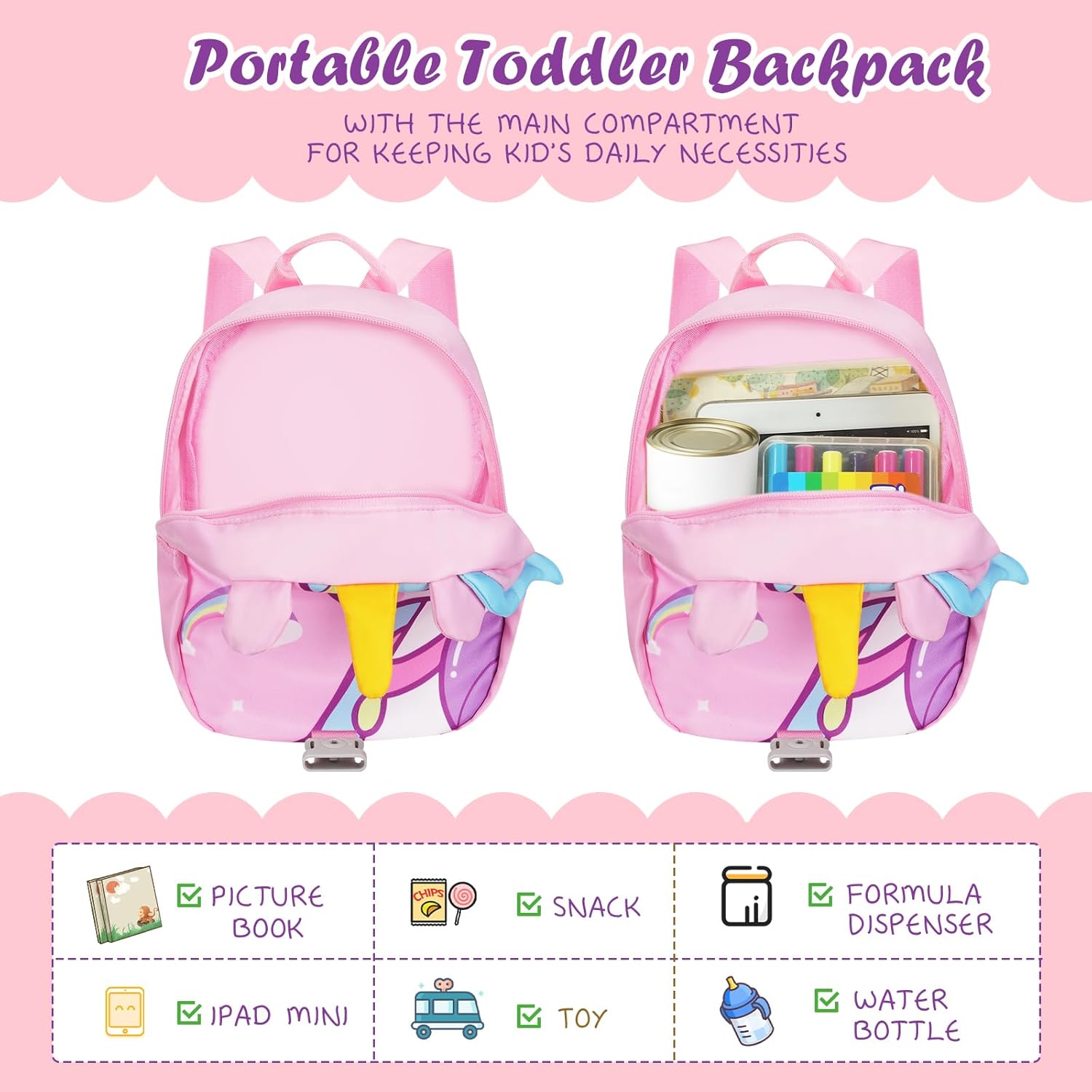 Mochila Infantil Con Correa Unicornio 1 a 3 Años