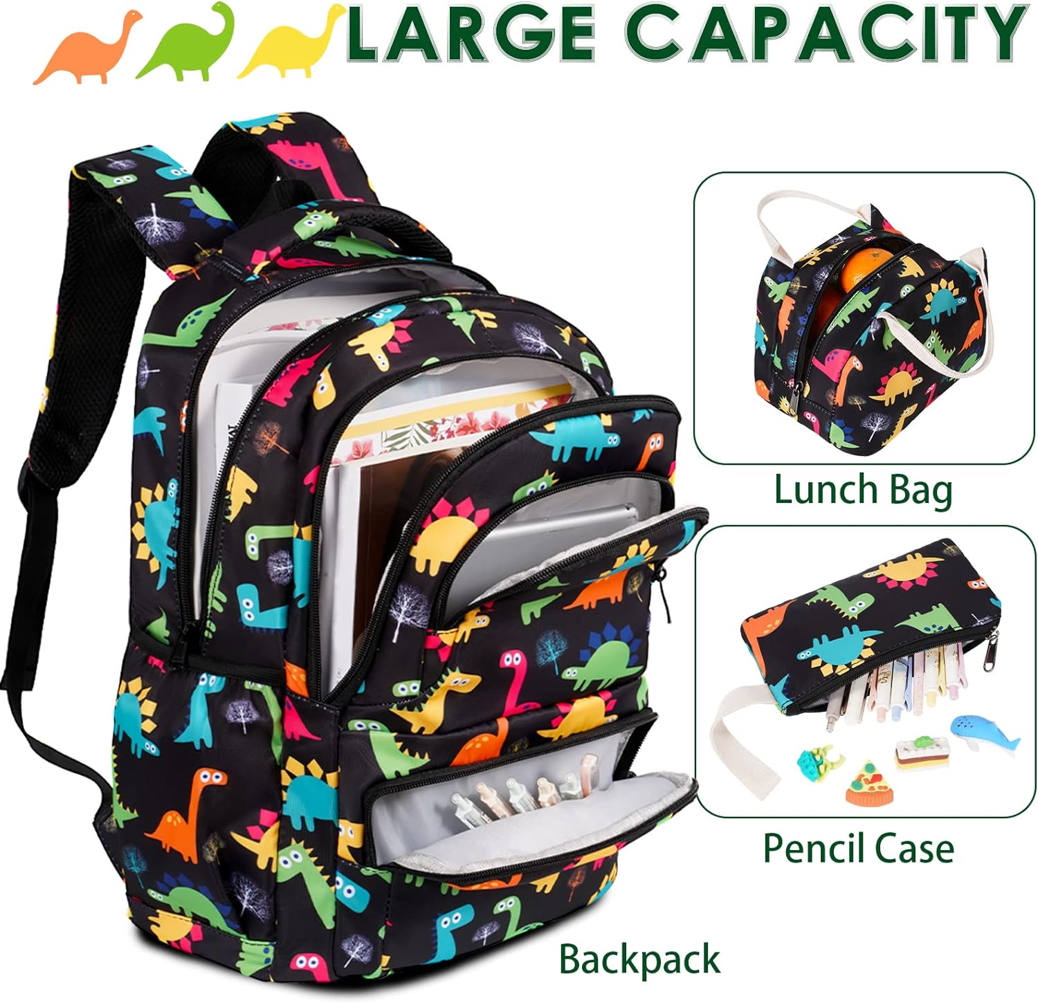 Mochila Dinosaurio Con Lonchera Y Cartuchera