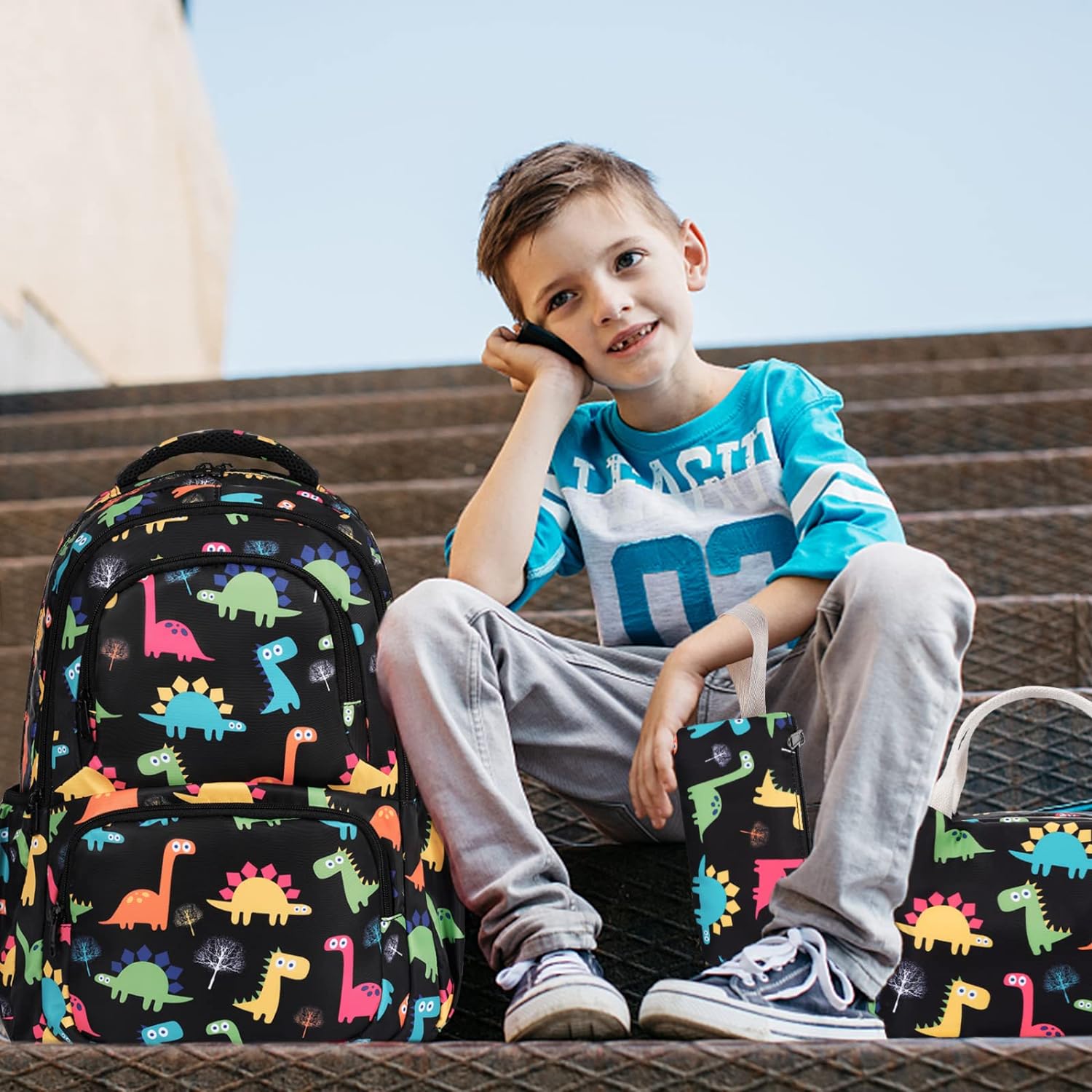 Mochila Dinosaurio Con Lonchera Y Cartuchera