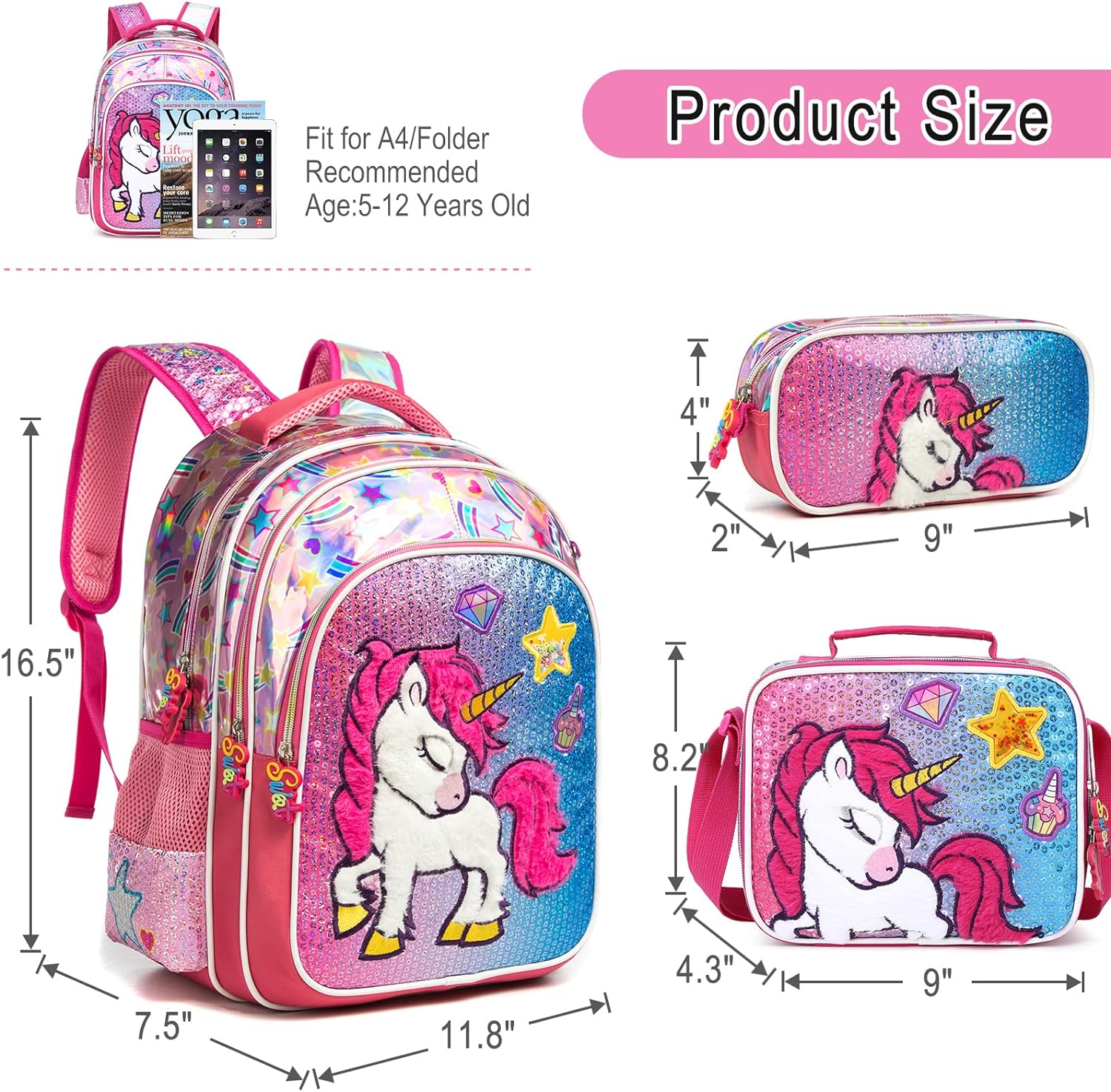 Set X3 Mochila Lentejuelas Brillantes Unicornio