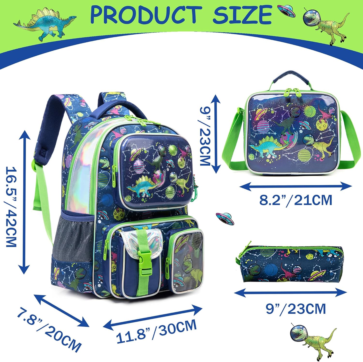 Mochila Escolar Dinosaurios Set con lonchera y cartuchera