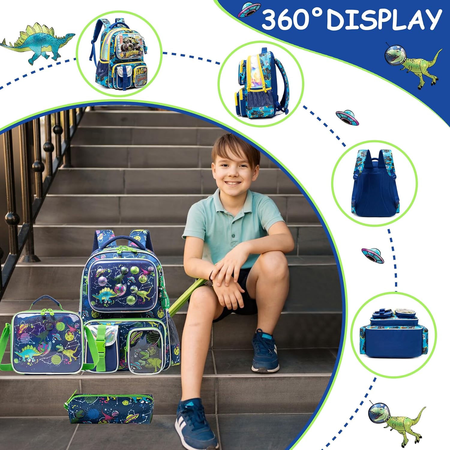 Mochila Escolar Dinosaurios Set con lonchera y cartuchera