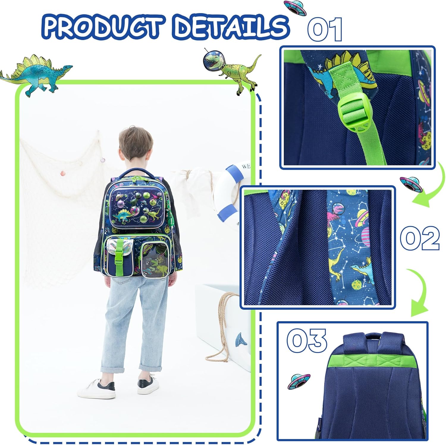 Mochila Escolar Dinosaurios Set con lonchera y cartuchera