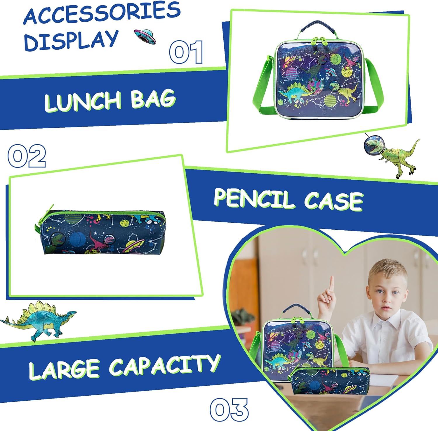 Mochila Escolar Dinosaurios Set con lonchera y cartuchera