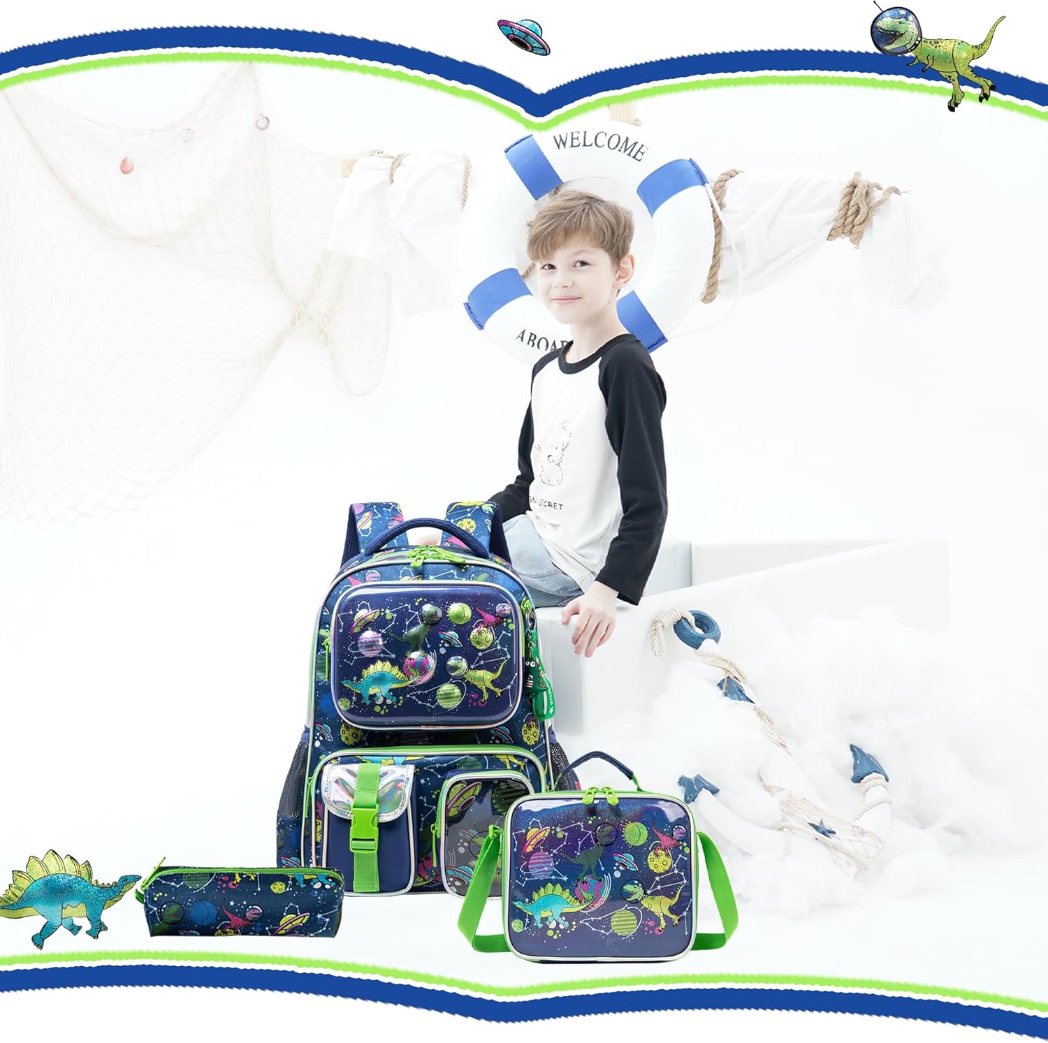 Mochila Escolar Dinosaurios Set con lonchera y cartuchera