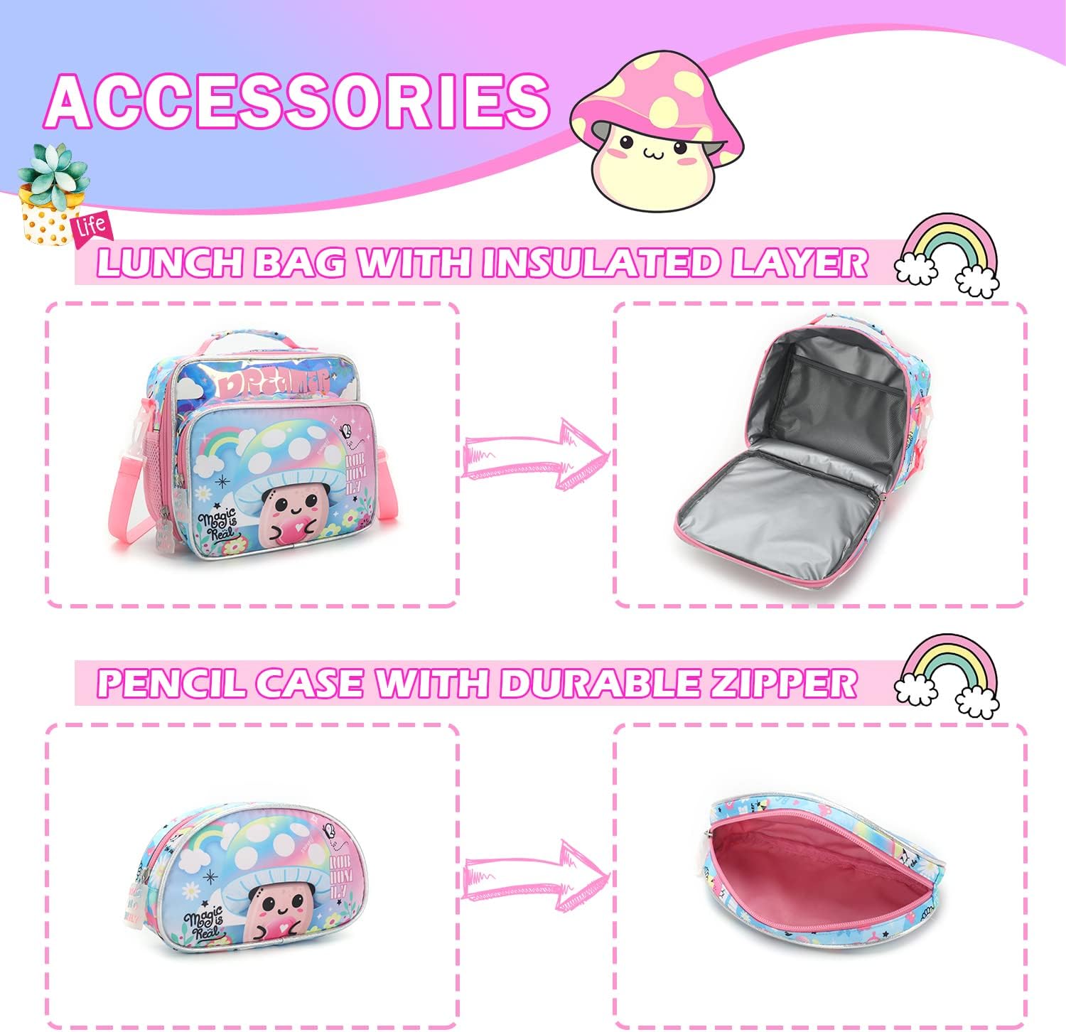 Set Mochila Lonchera Y Cartuchera Hadas de Hongos