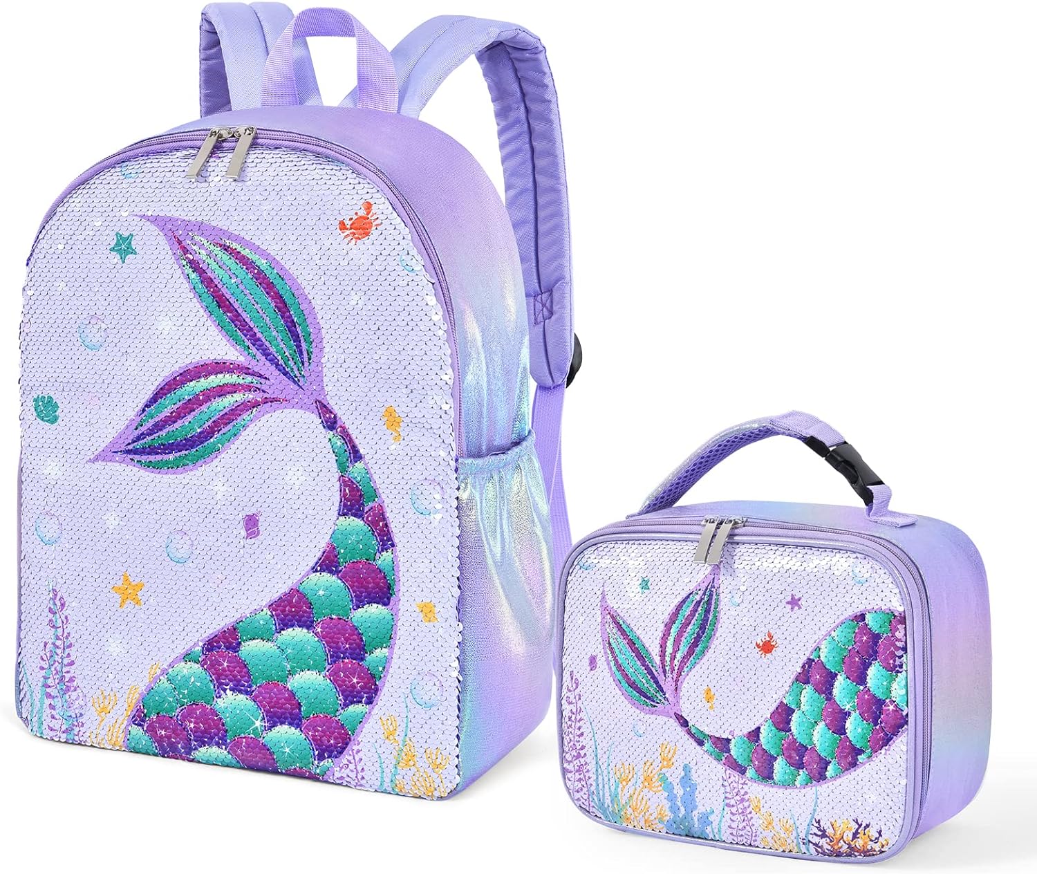 Mochila y lonchera de sirena con lentejuelas