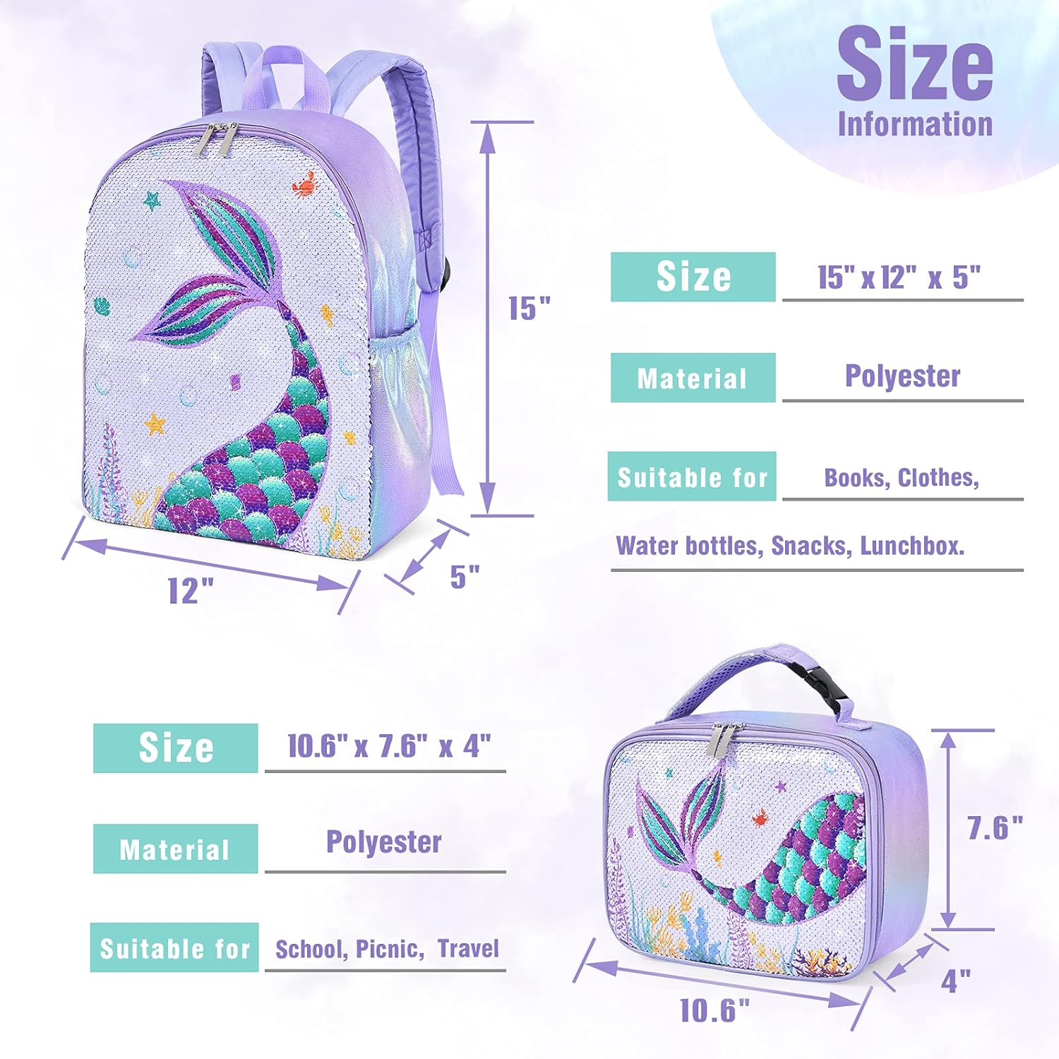 Mochila y lonchera de sirena con lentejuelas