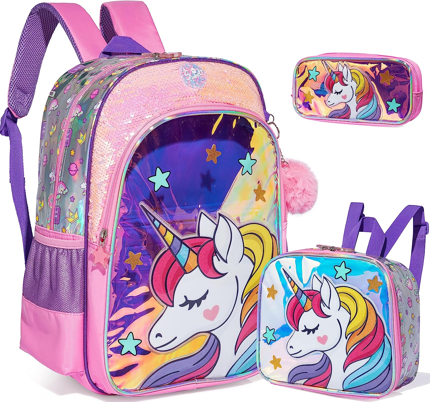 Mochila De Lentejuelas Con Lonchera Unicornio