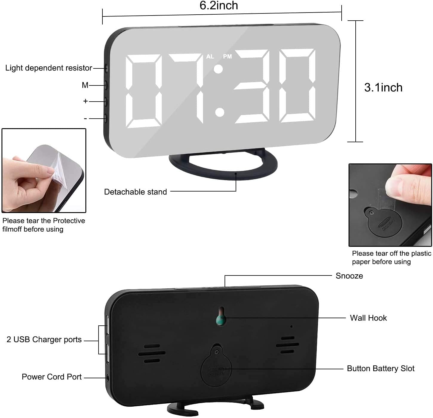Reloj Digital Pantalla Grande Led Y Puertos Usb