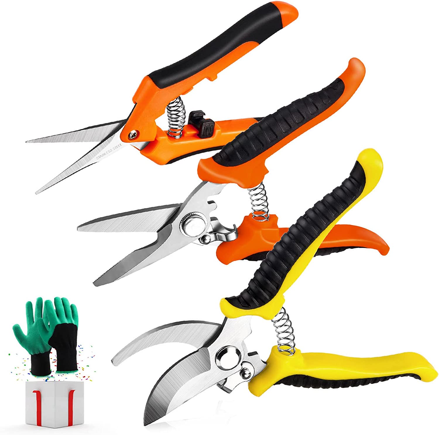 Set 3 Tijeras de Podar Acero Inoxidable + Guantes de jardinería