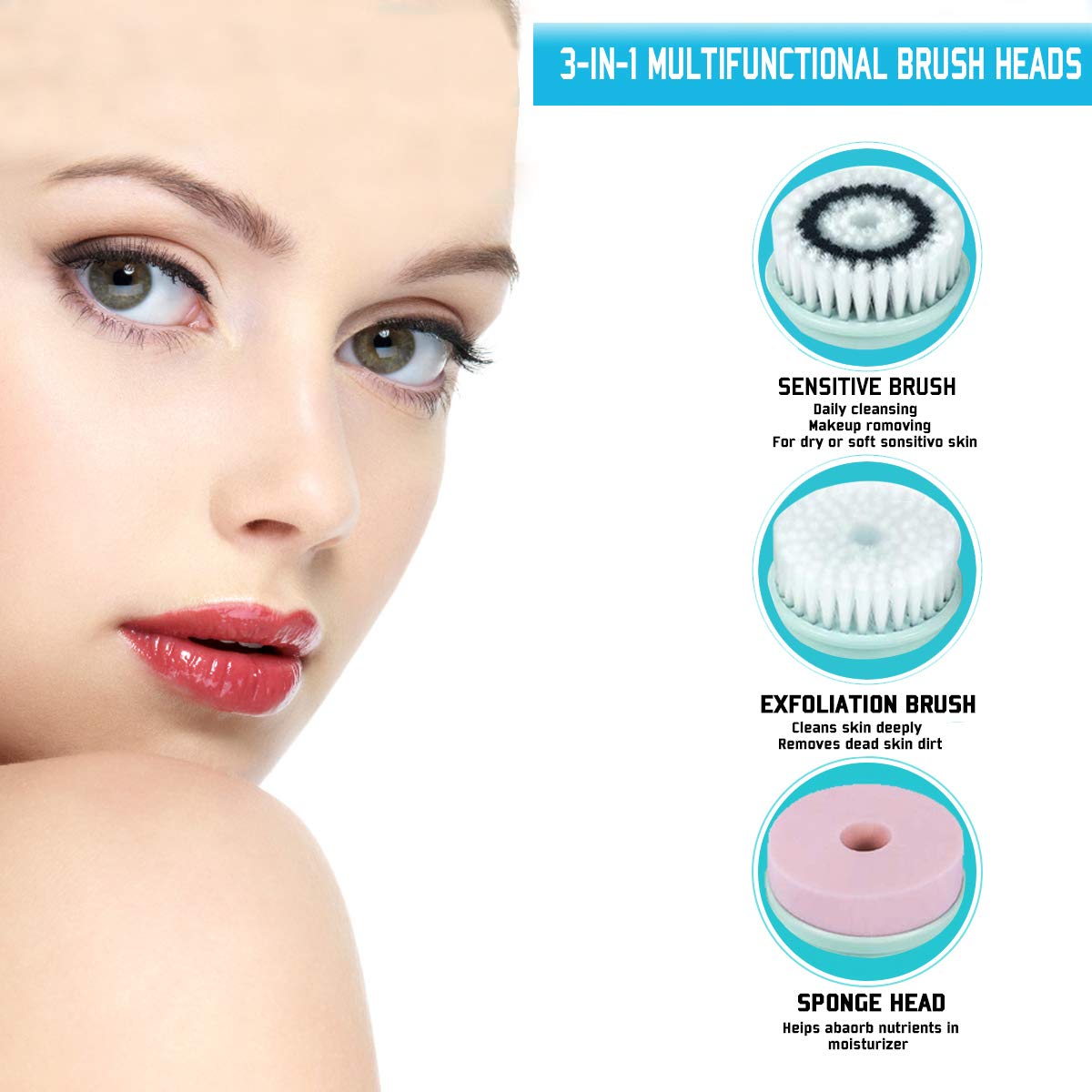 Cepillo De Limpieza Facial Recargable Usb con 3 cabezales