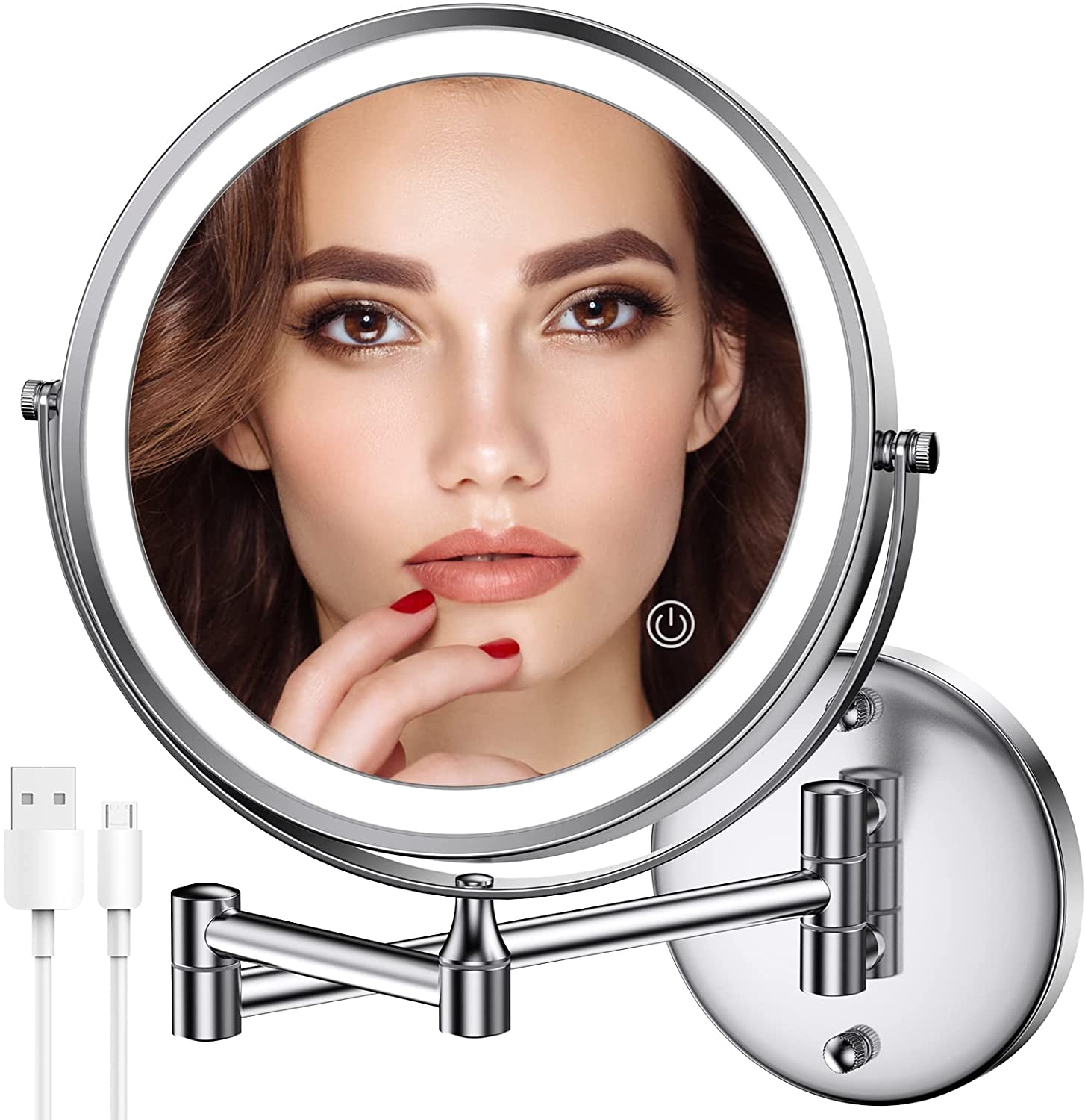 Espejo de maquillaje montado en la pared, espejo de aumento de doble cara  1x/10x, espejo de tocador de 8 pulgadas, espejo de pared de brazo  extensible