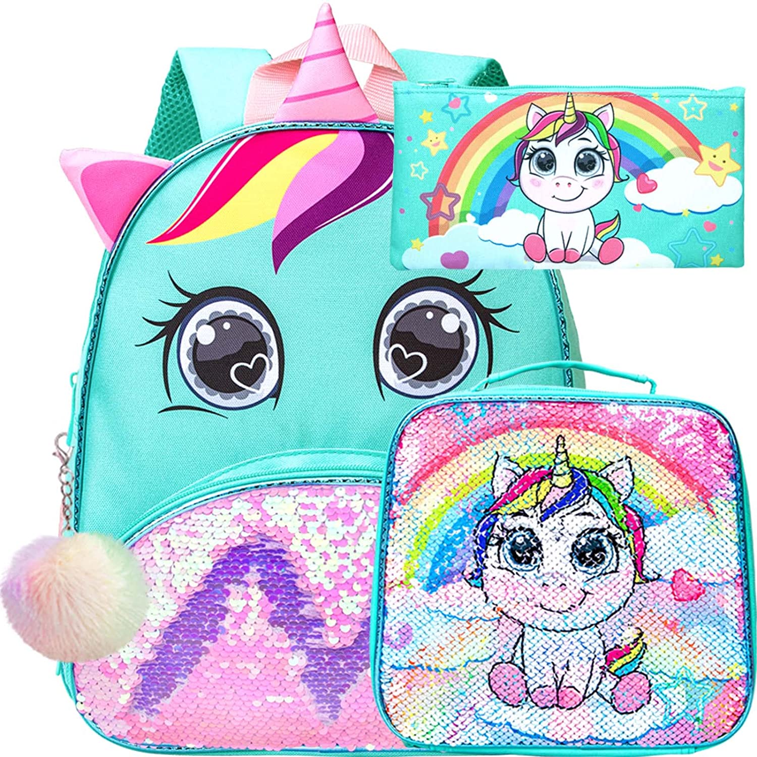 Mochila infantil con lentejuelas unicornio 3 piezas