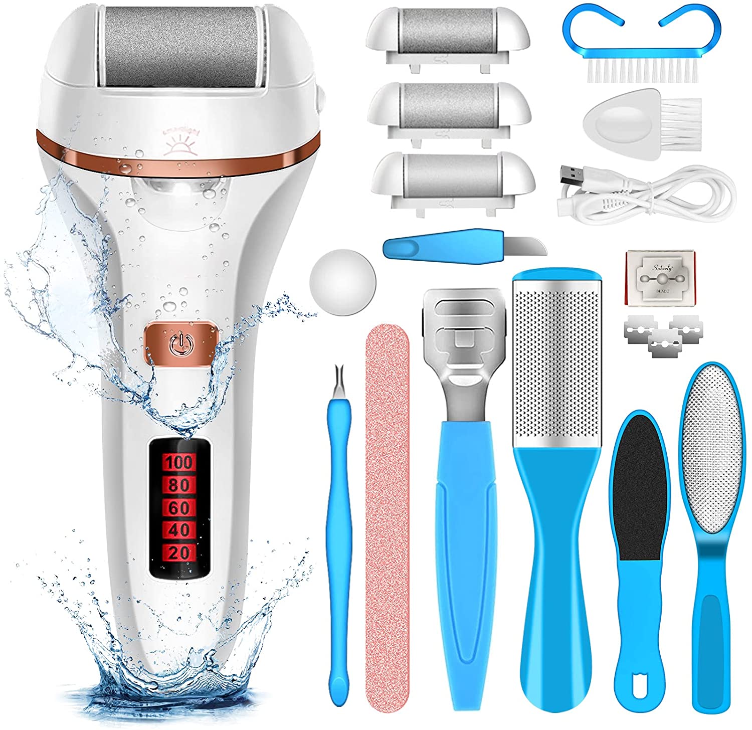 Eliminador de callos eléctrico con accesorios.