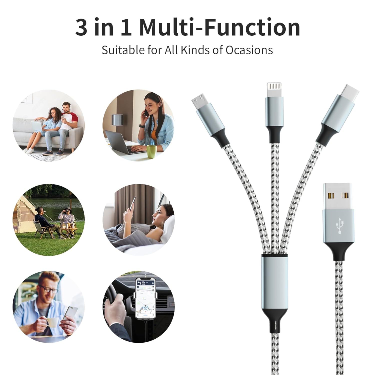 Cables De Carga Múltiple 3 En 1 Nailon Trenzado