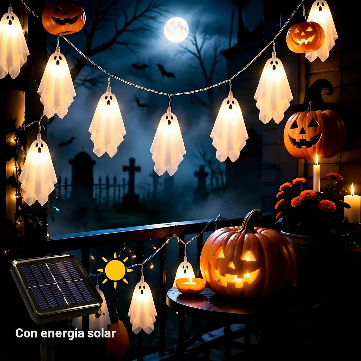 Decoracion Halloween Luces Solares 10 Fantasmas