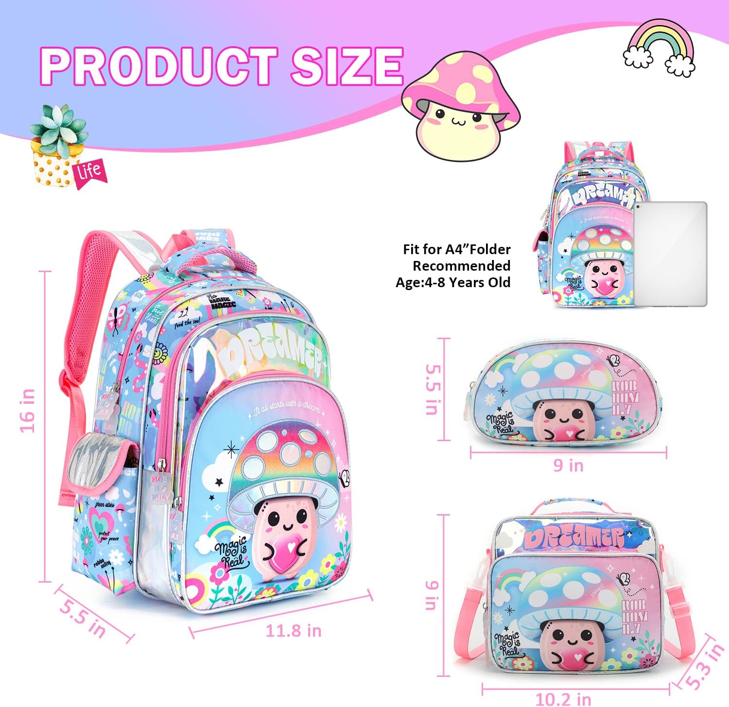 Set Mochila Lonchera Y Cartuchera Hadas de Hongos