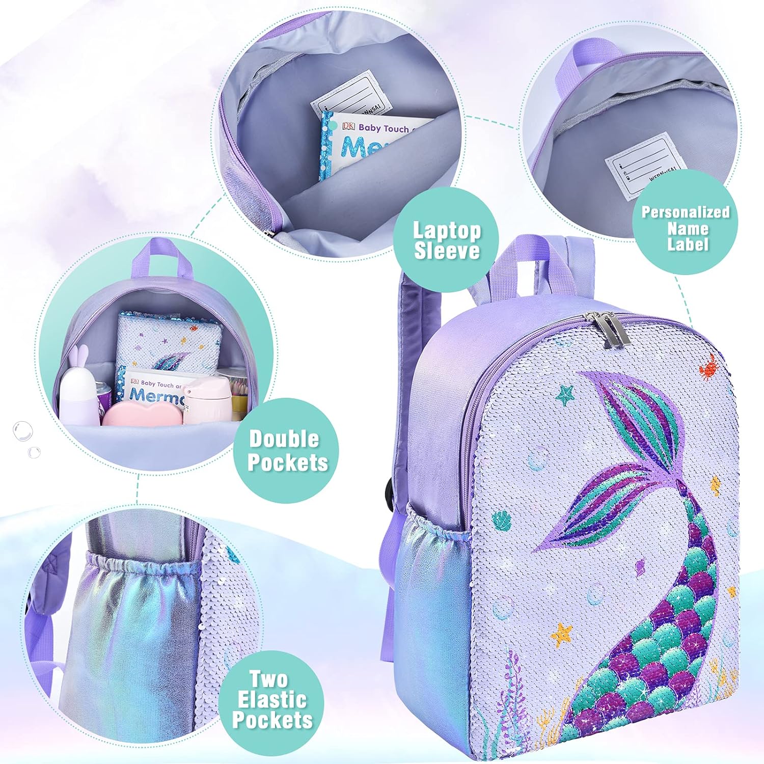 Mochila y lonchera de sirena con lentejuelas