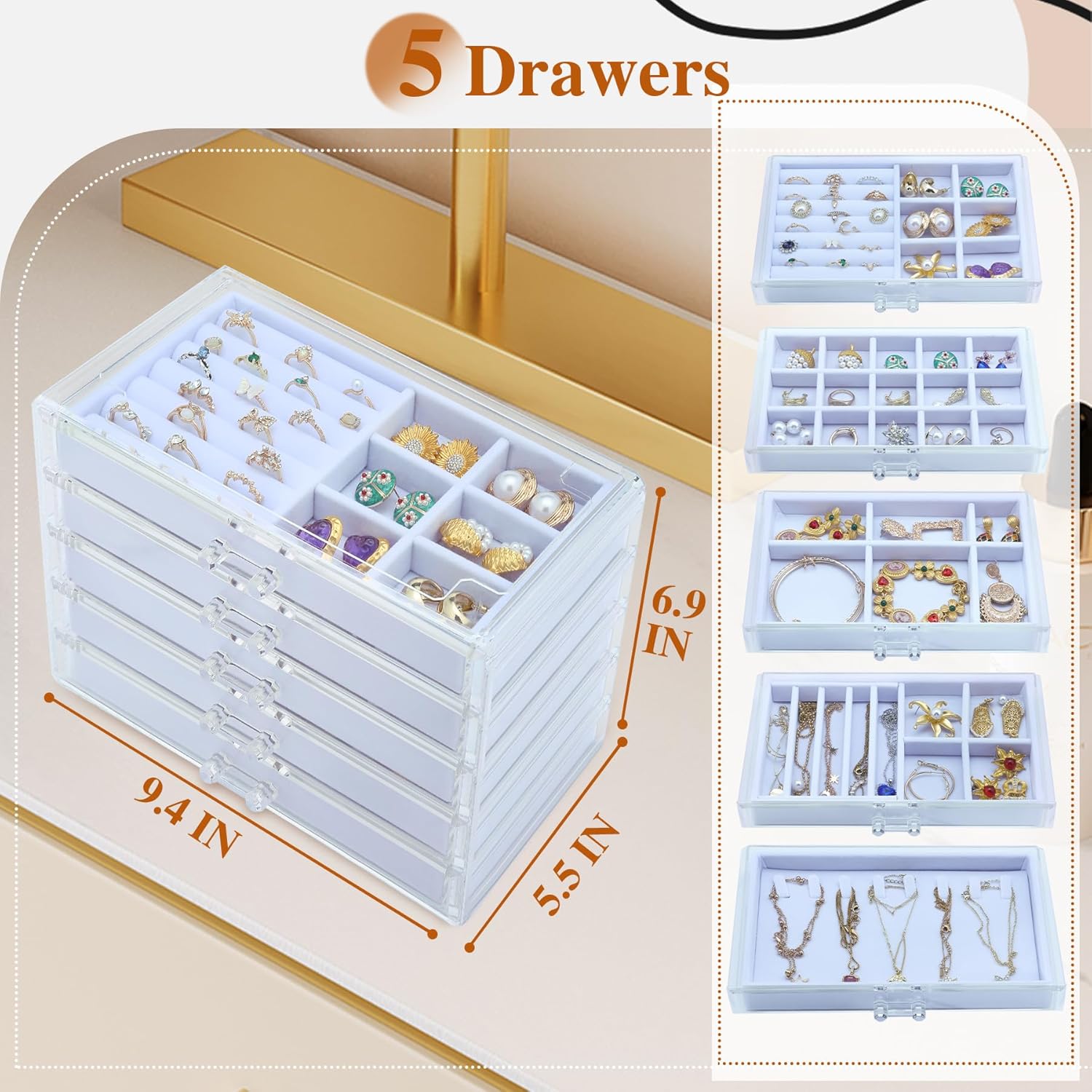 Organizador De Joyería 3 Cajones Acrílico Terciopelo