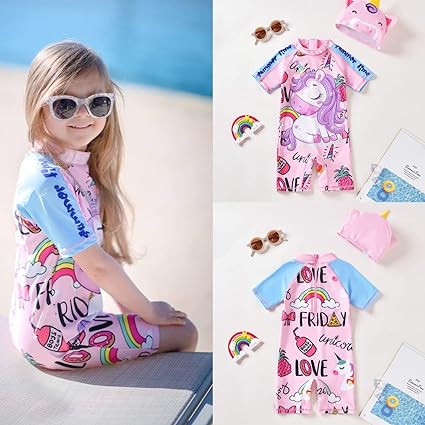 Traje de baño infantil de unicornio protección UPF+50 y sombrero 3D