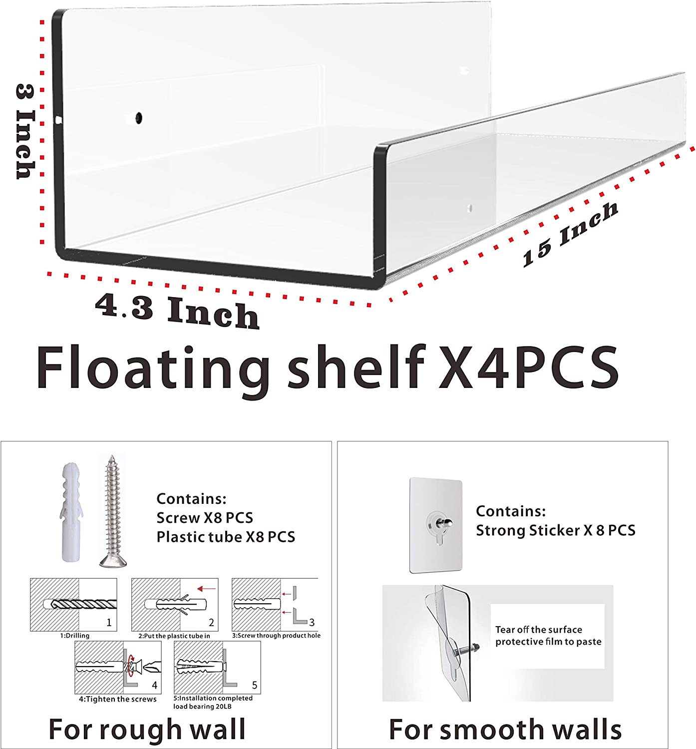 Estantería Flotante Invisible De Acrílico Set x4 repisas
